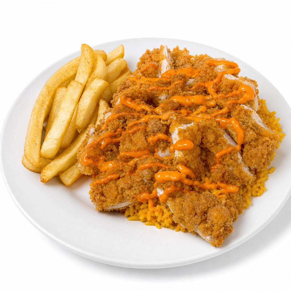 Crispy Chicken Over Rice.